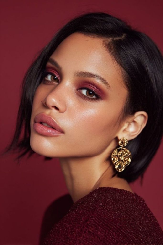 Cherry mocha makeup with brown berry tones.