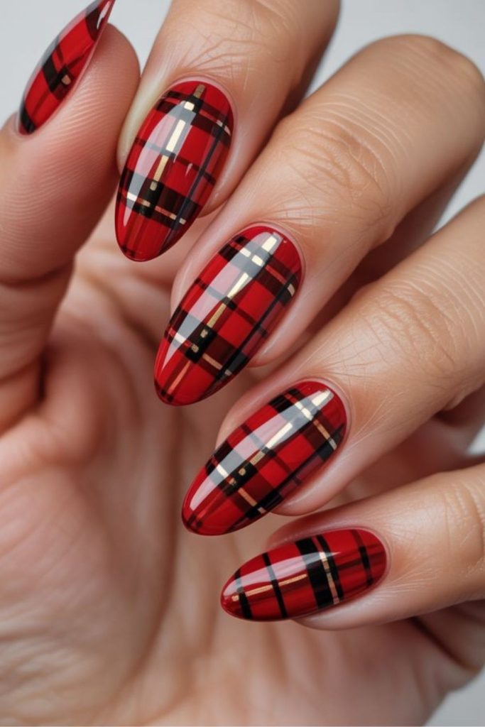 Cherry red tartan nail design.