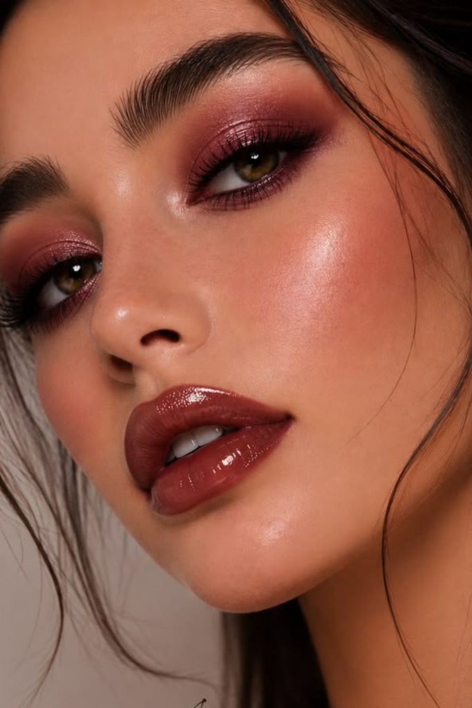 Cherry satin makeup with luminous berry cheeks.