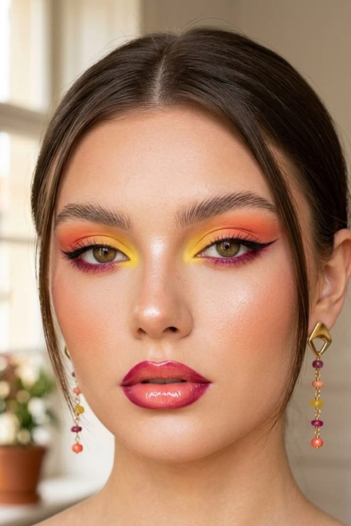 Cherry sunset makeup with warm peach tones.