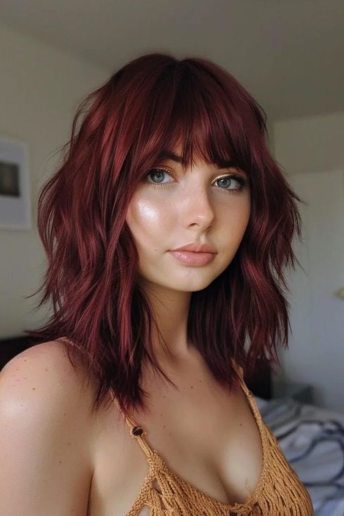 Cherry velvet shag layered hairstyle