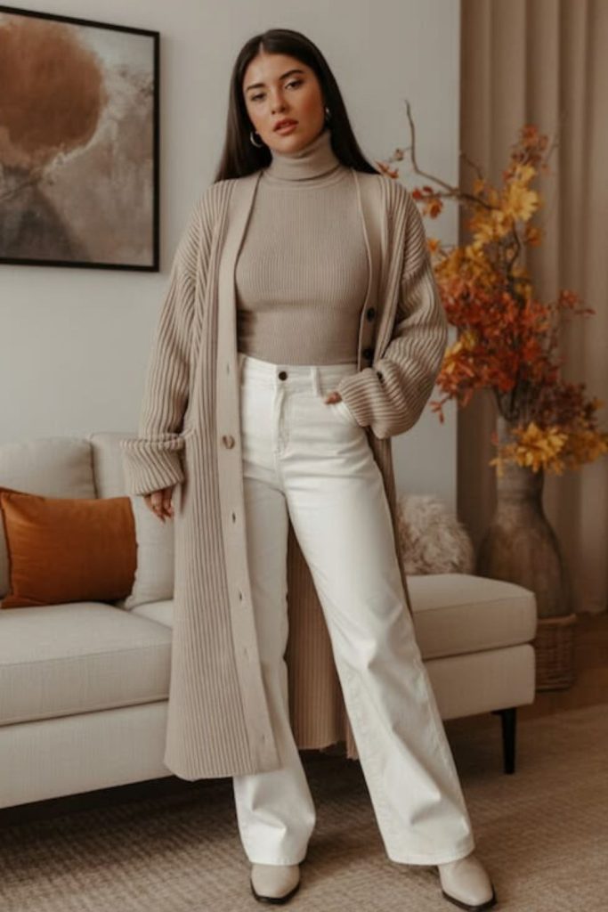 Cream sweater with matching denim.