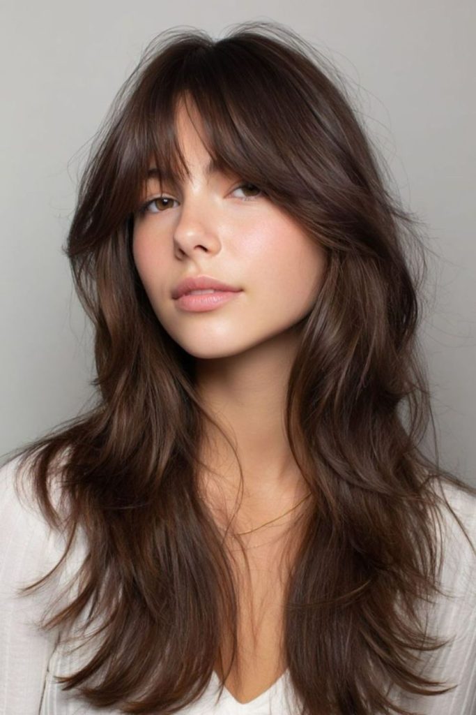 Chocolate brown Birkin bangs with layers.