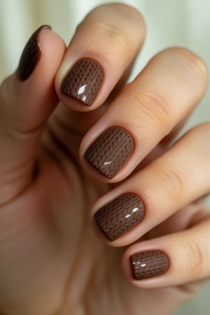 Chocolate brown cable knit nails.