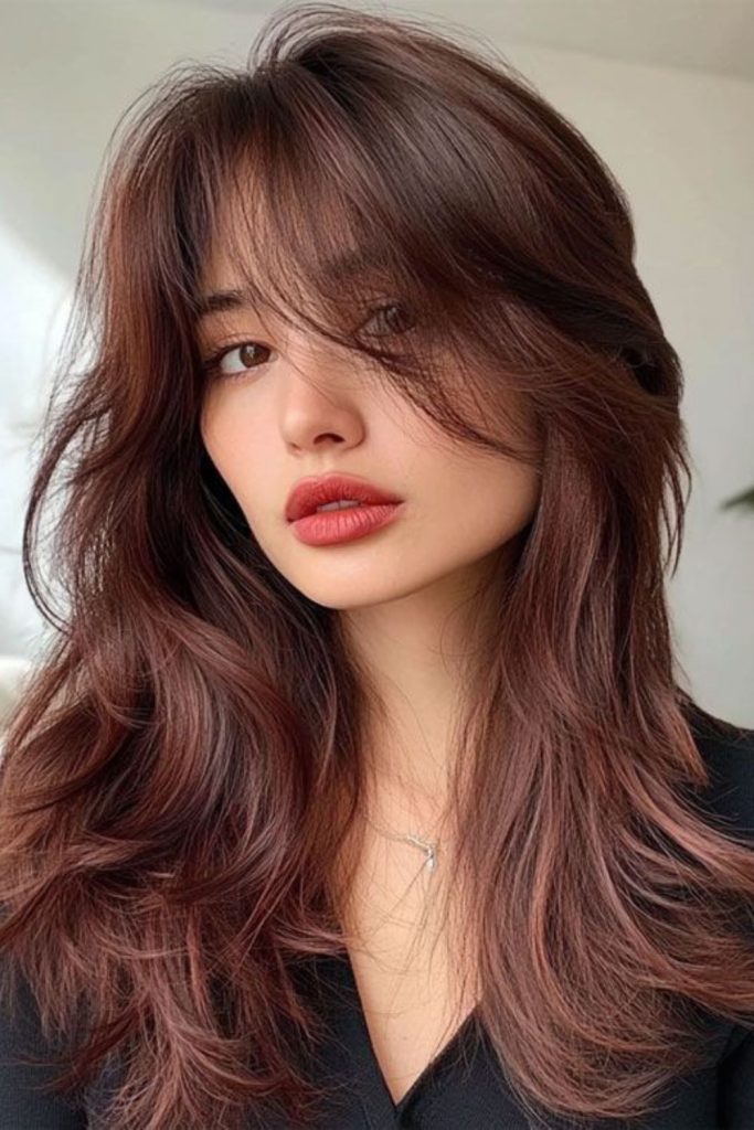 Chocolate cherry curtain layered hair