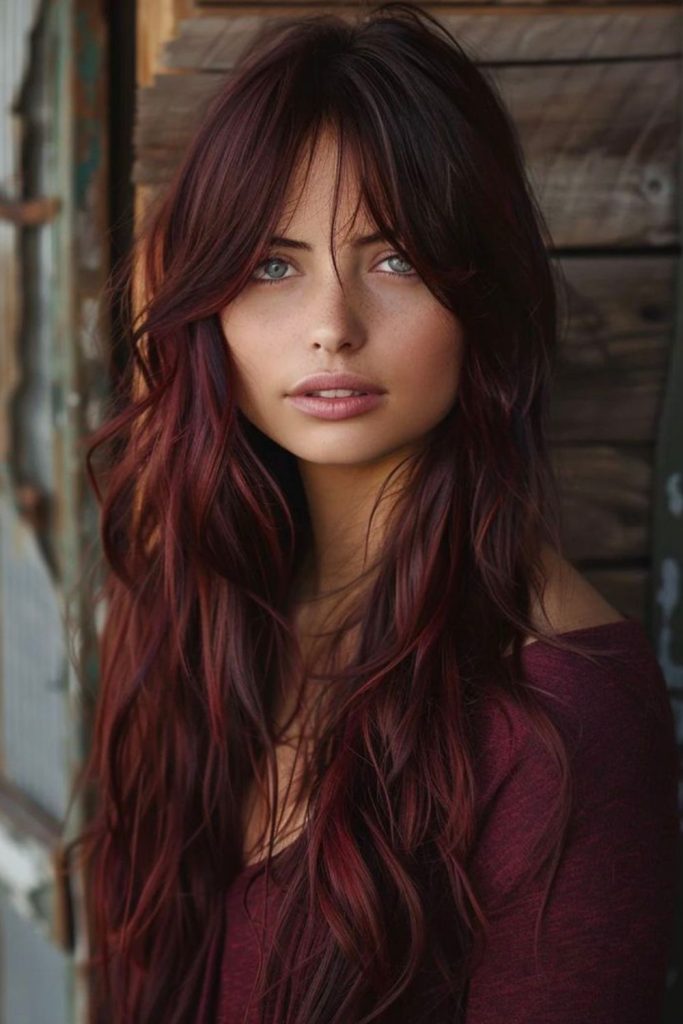 Long chocolate cherry layered waves
