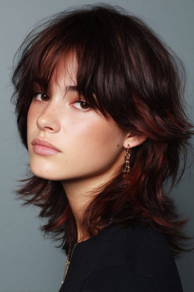 Chocolate cherry wolf cut hairstyle