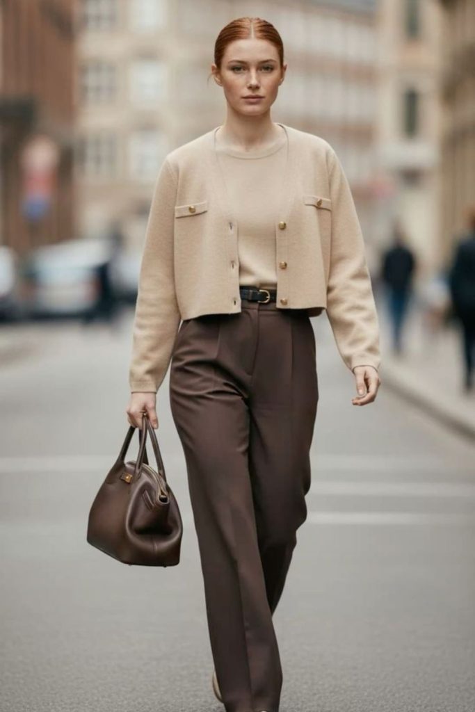Chocolate wide-leg trousers elegant look.