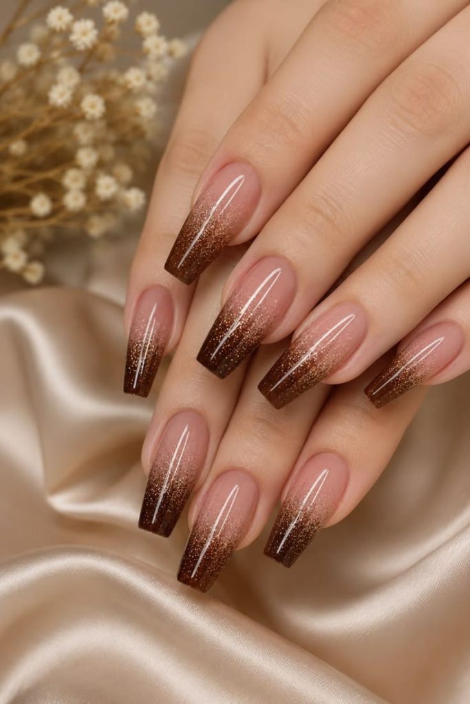 Chocolate glitter tip manicure design.