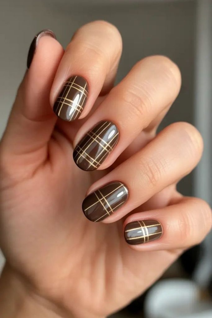 Chocolate latte plaid nail design.