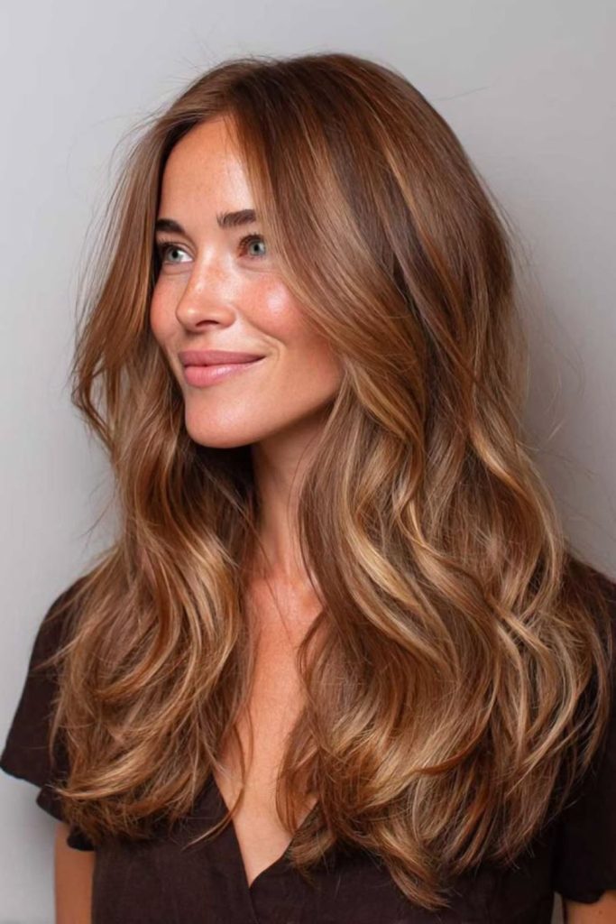 Cinnamon strawberry brunette hair with highlights.