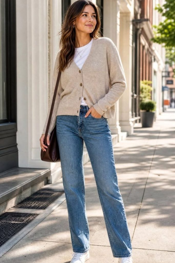 Classic blue jeans with white shirt.
