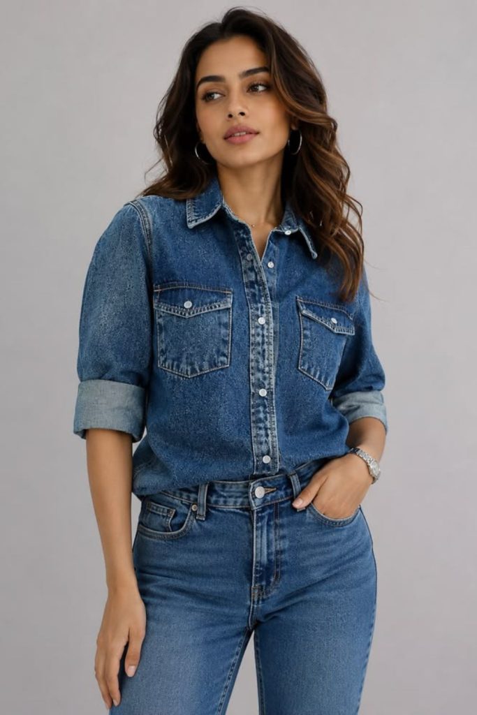 Chambray shirt with mom jeans.