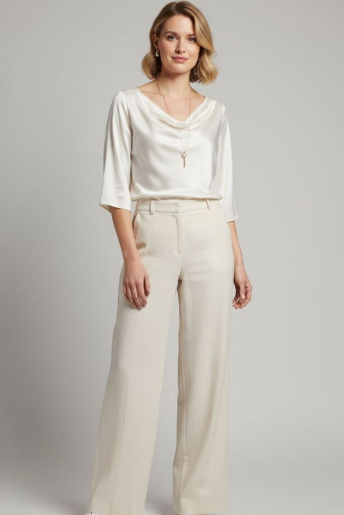 Ivory trousers with satin blouse.