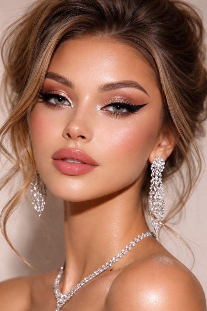 Classic winged glamorous eye makeup.