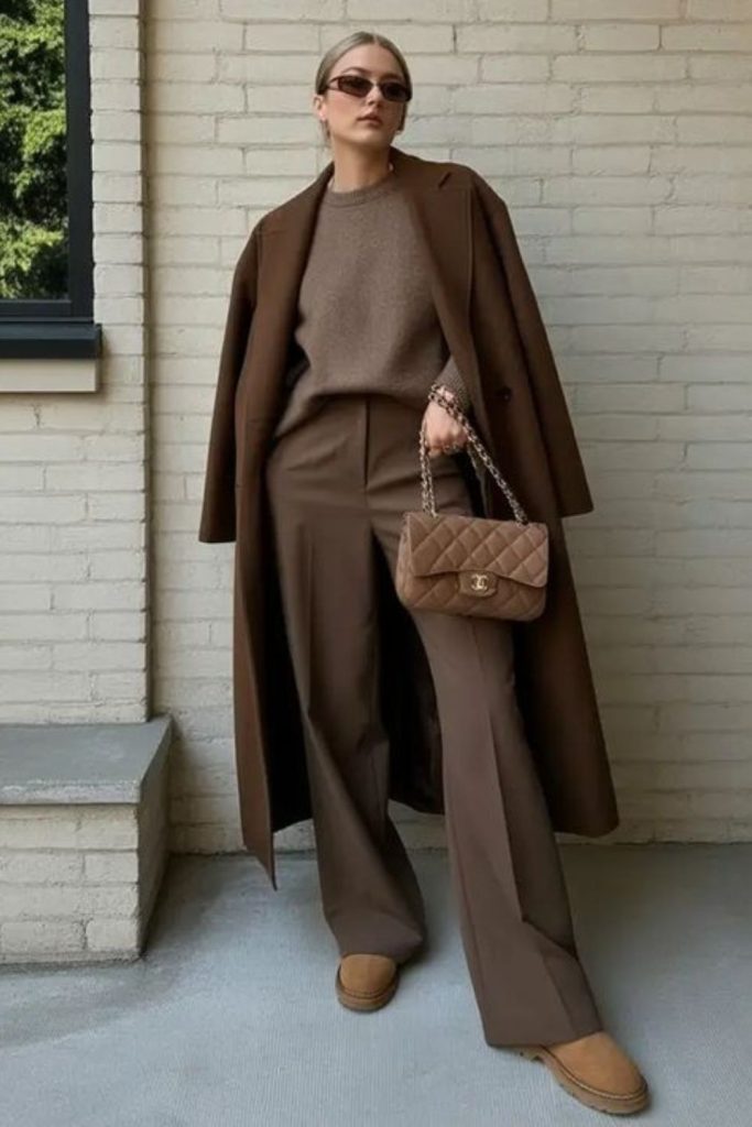 Cocoa wide-leg trousers cozy look.