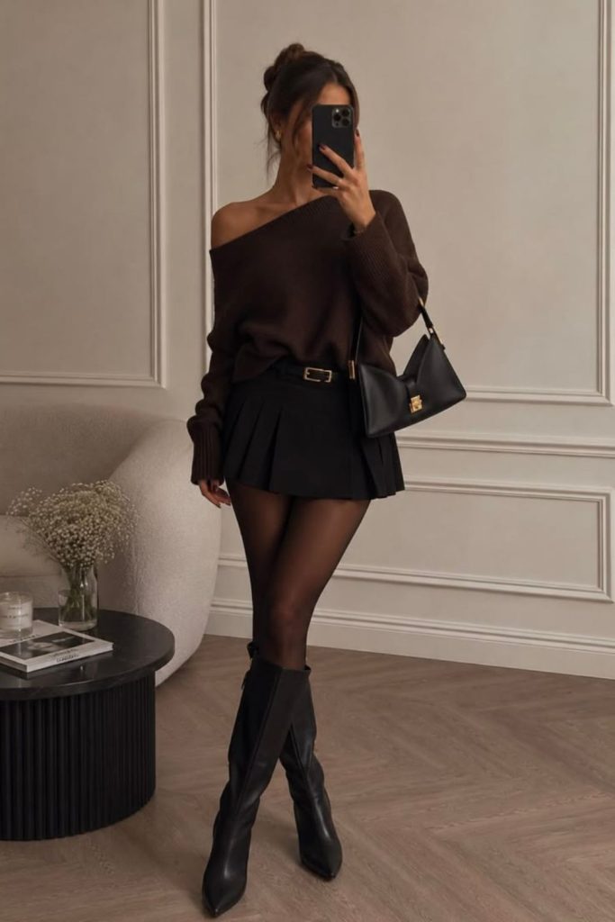 Cocoa blouse with leather mini skirt.