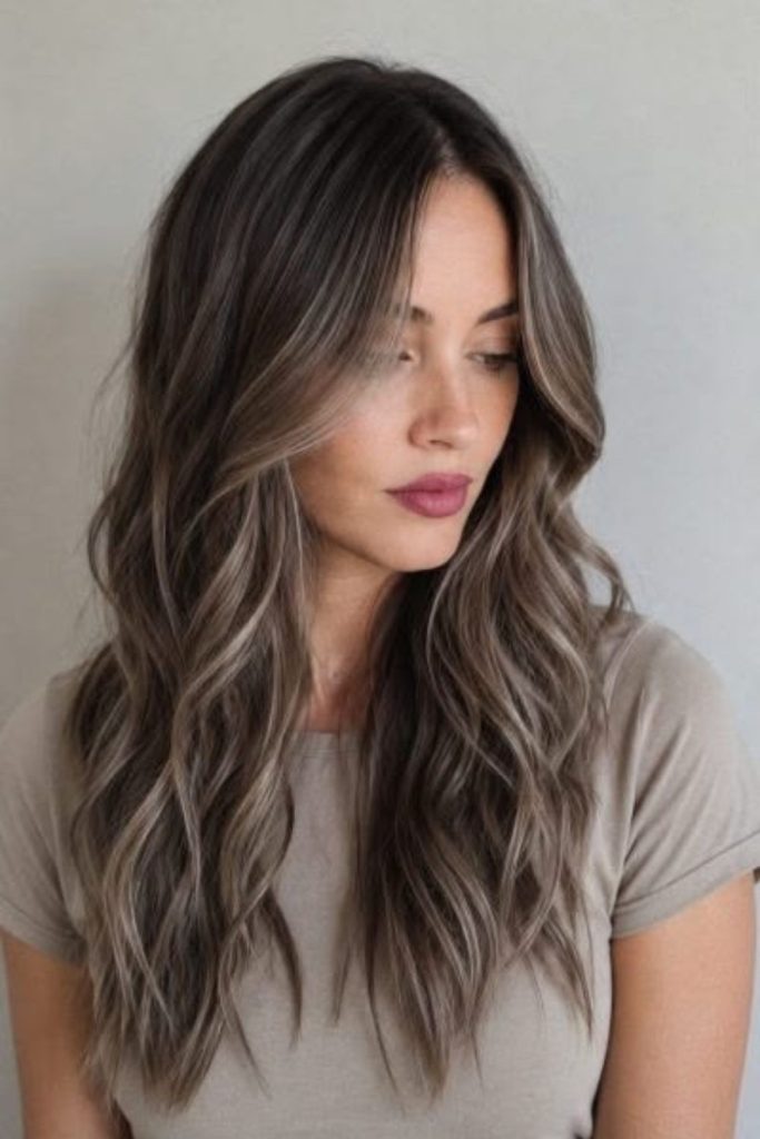 Cool mushroom brunette hair with smoky tones.