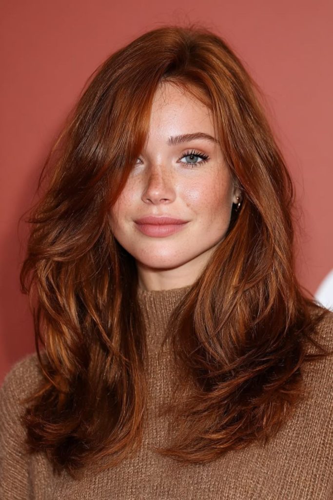 Copper berry brunette hair with waves.