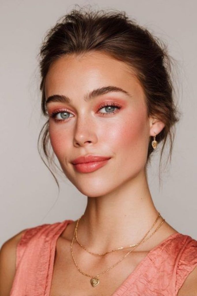 Coral rose radiant makeup look.