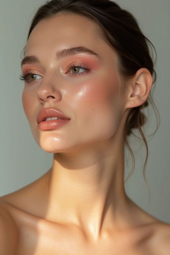 Coral sunset flush makeup style.