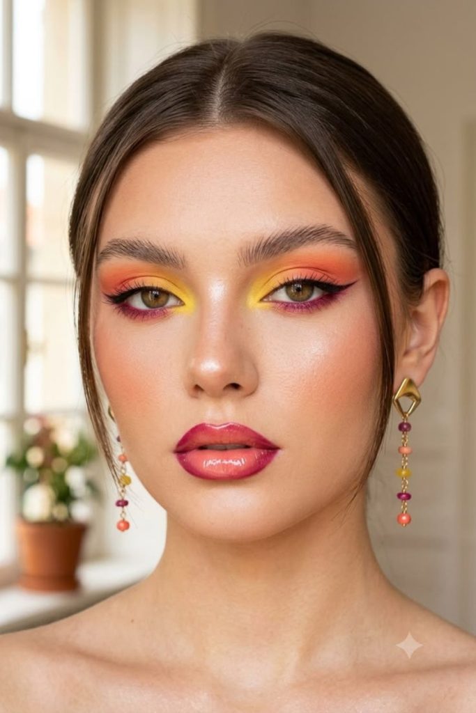Coral sunset sparkling eye makeup.