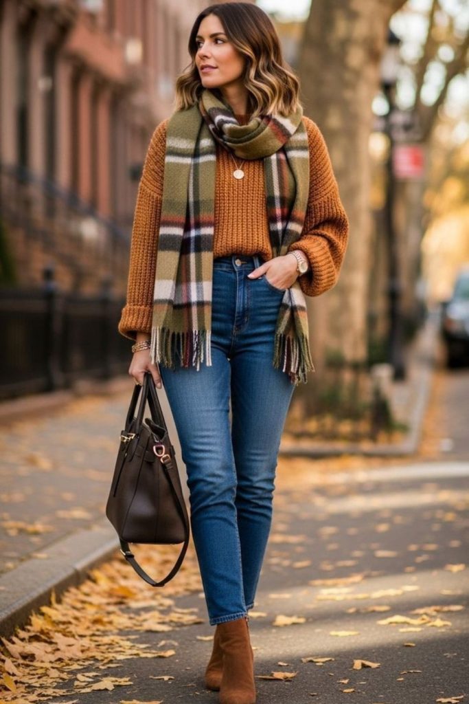Rust sweater with dark jeans.