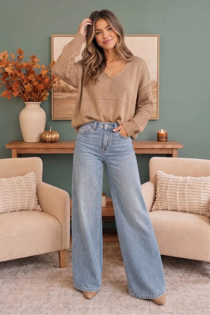 Mocha sweater with mom jeans.