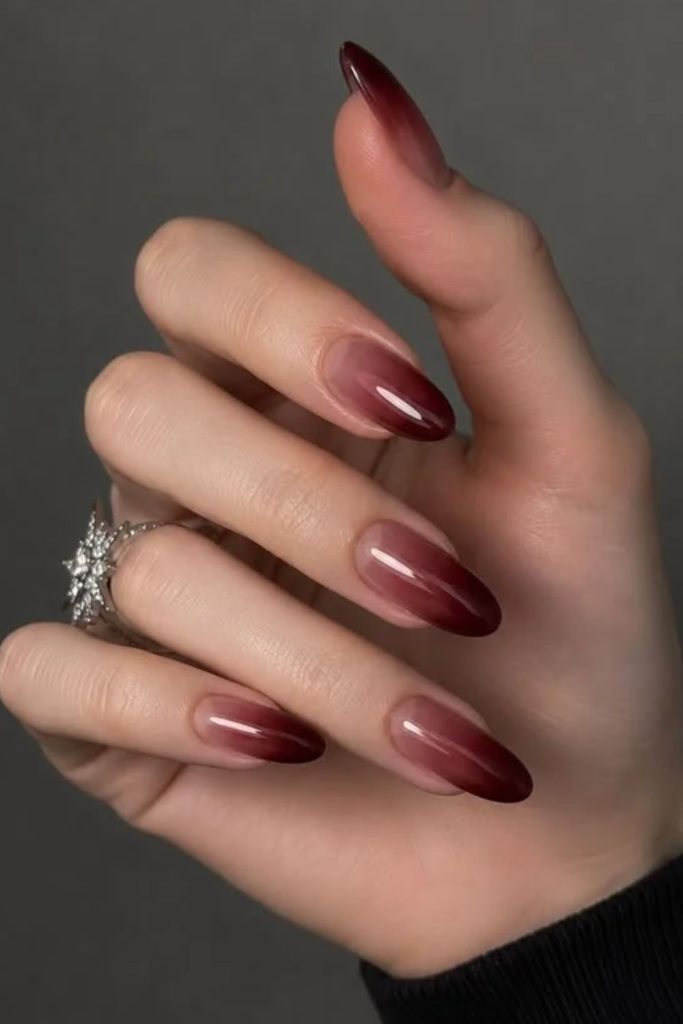 Cranberry velvet French Thanksgiving nails.