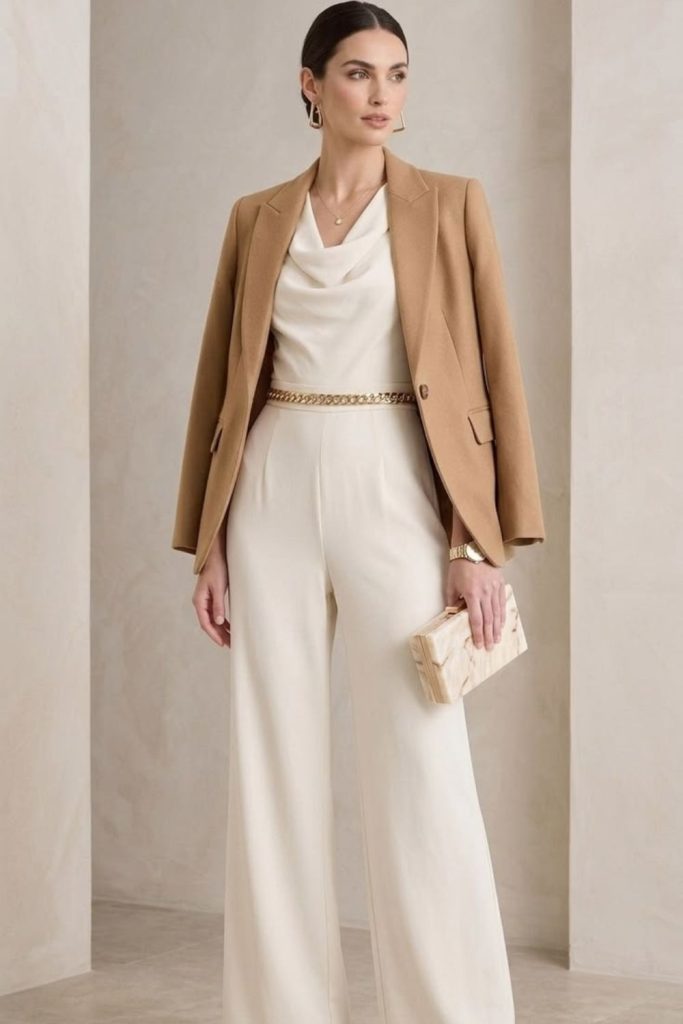 Cream straight-leg trousers timeless elegance.