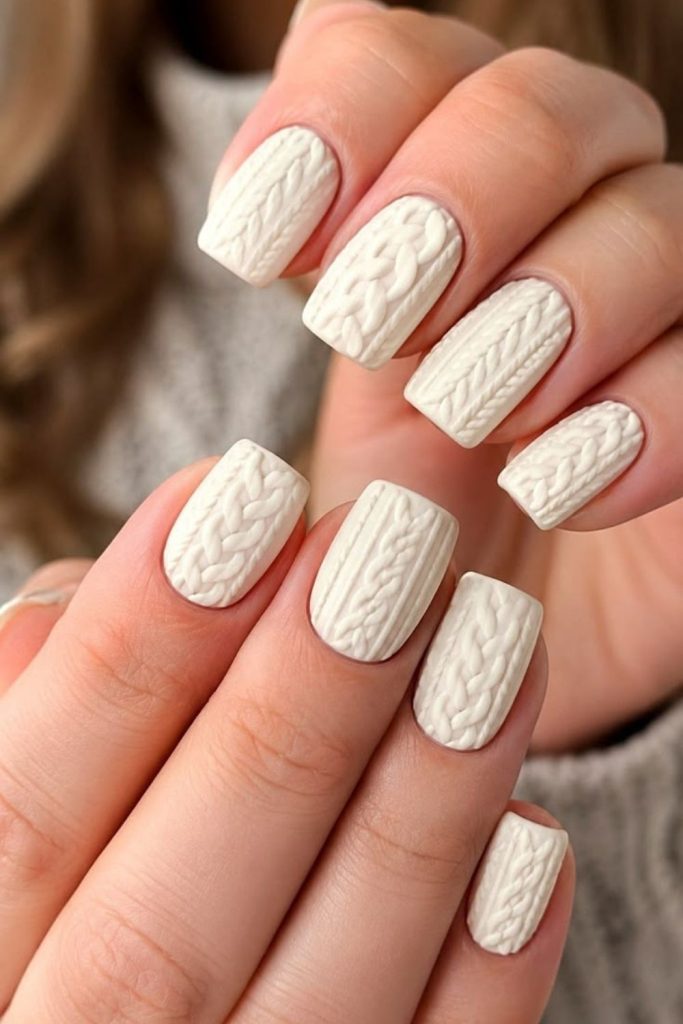 Creamy cable knit sweater nails.