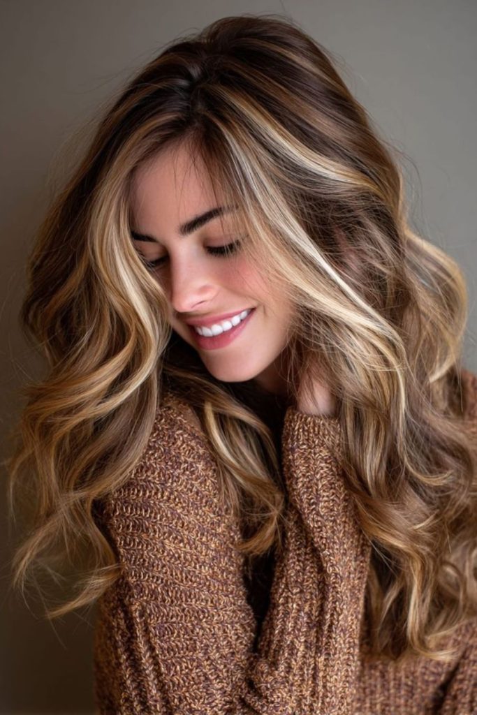Creamy chestnut teddy layered hair.