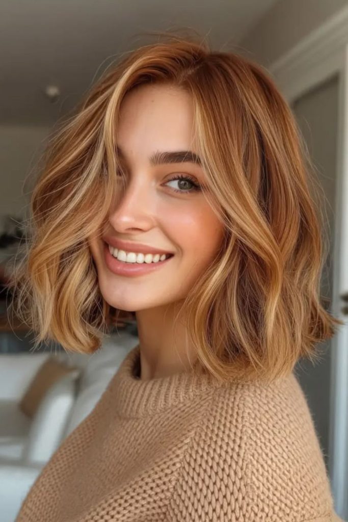 Creamy strawberry brunette hair with waves.