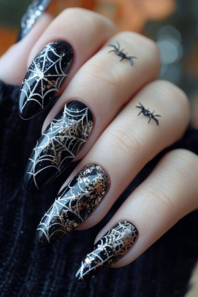 Creepy Spiderweb Chrome Halloween Nails