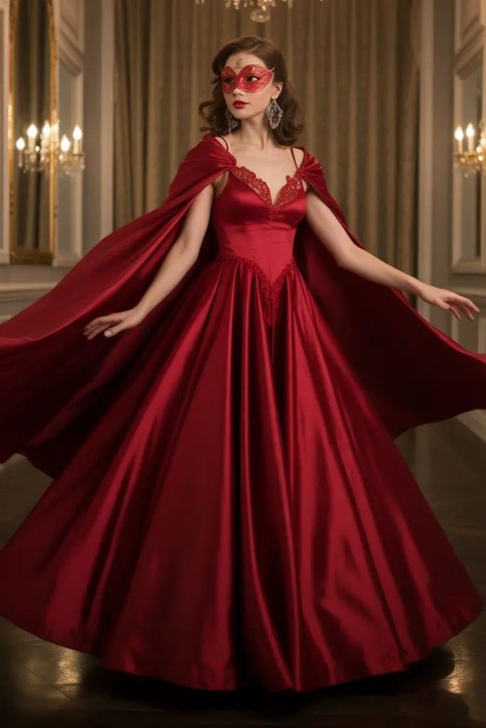 Crimson gothic ballerina phantom costume.