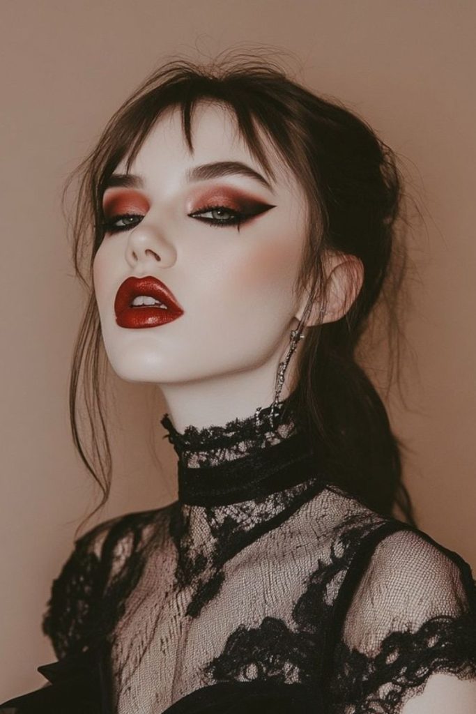 Crimson cat-eye with dark vampy lips.