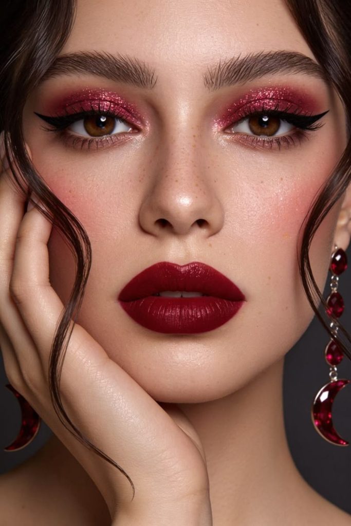 Crimson cherry makeup with dramatic cat-eye.