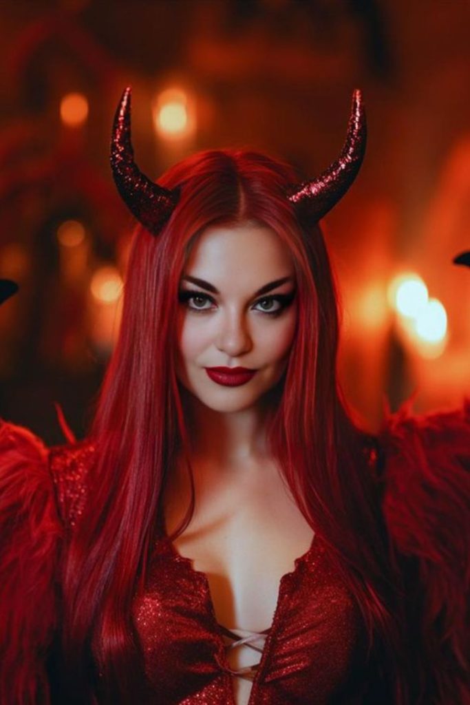 Crimson devil costume with fiery hair.