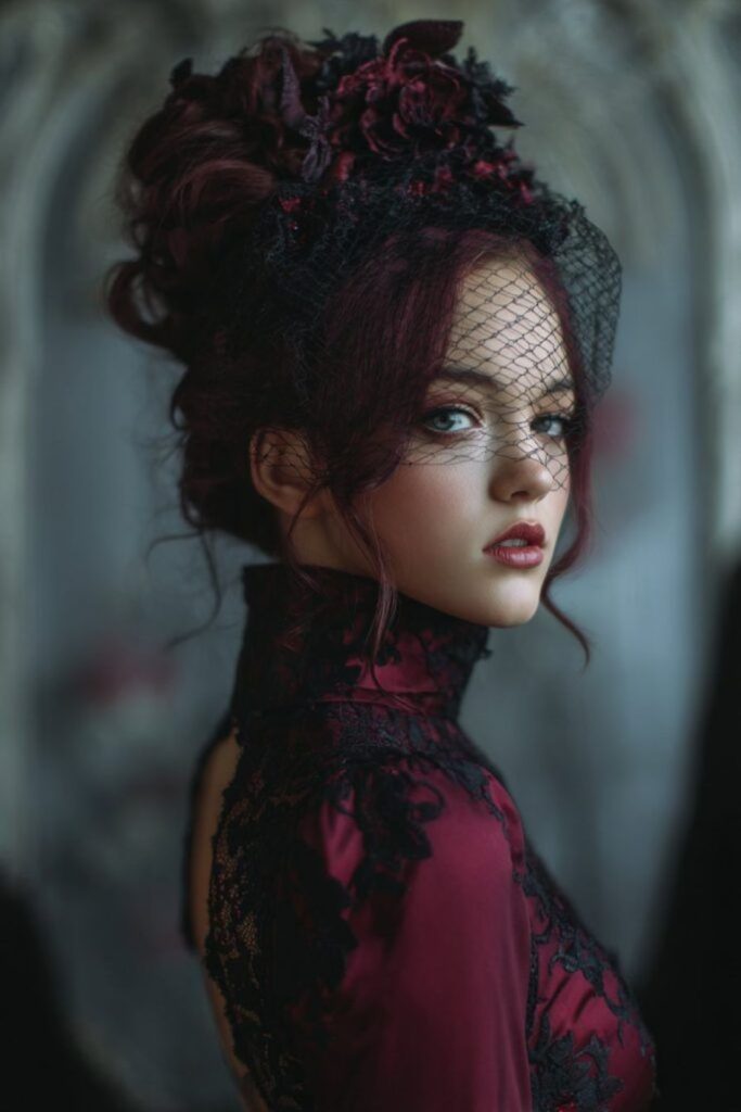 Crimson poison apple queen costume.