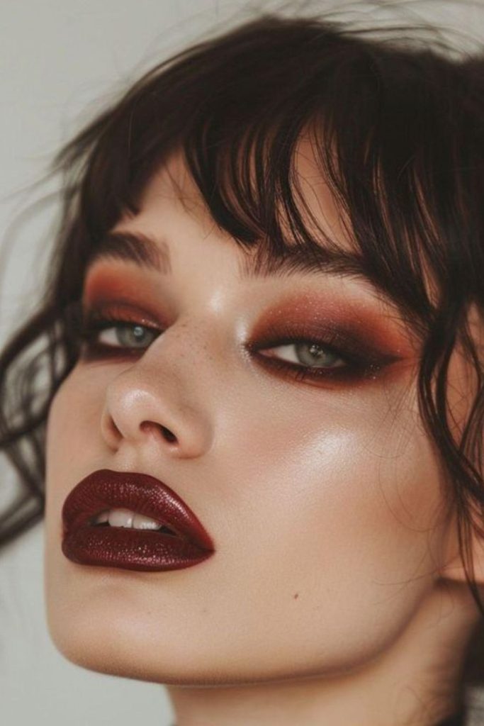 Crimson winged shadow dramatic makeup look.