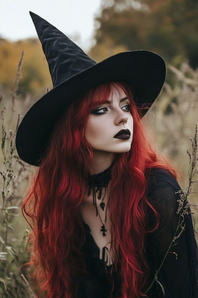 Fiery red-haired woman in crimson witch costume.