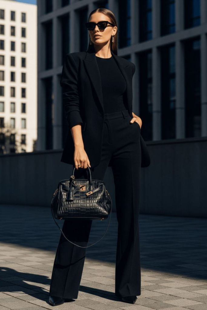 Black monochrome tailored trouser outfit.