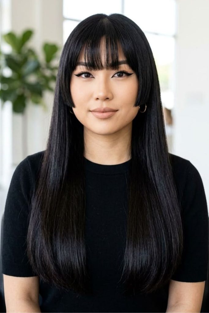 Curtain fringe blended hime haircut.