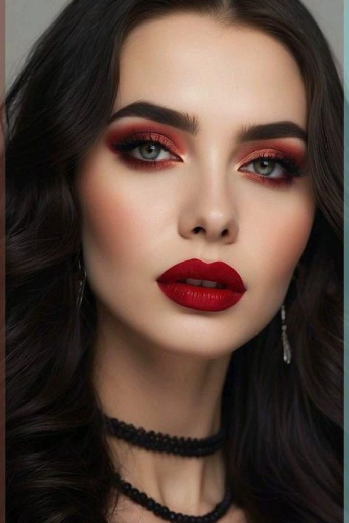Dark cherry makeup with dramatic crimson lips.