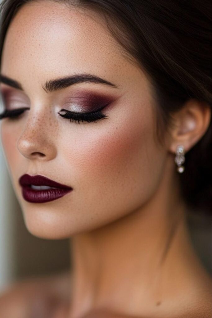 Dark cherry minimalist vampy makeup style.