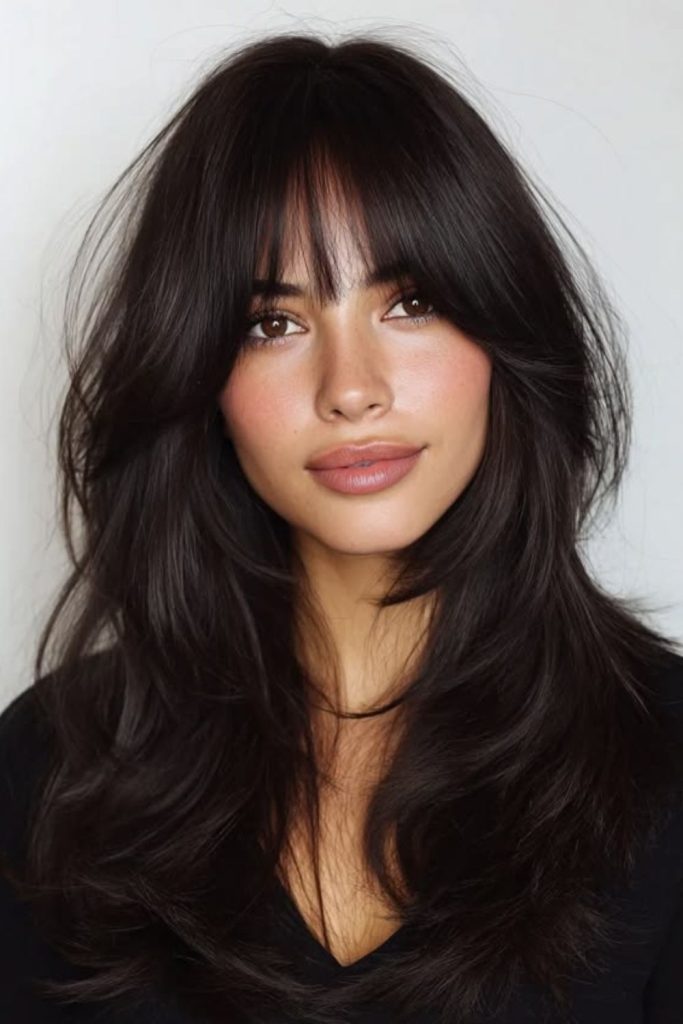 Dark espresso Birkin bangs with texture.