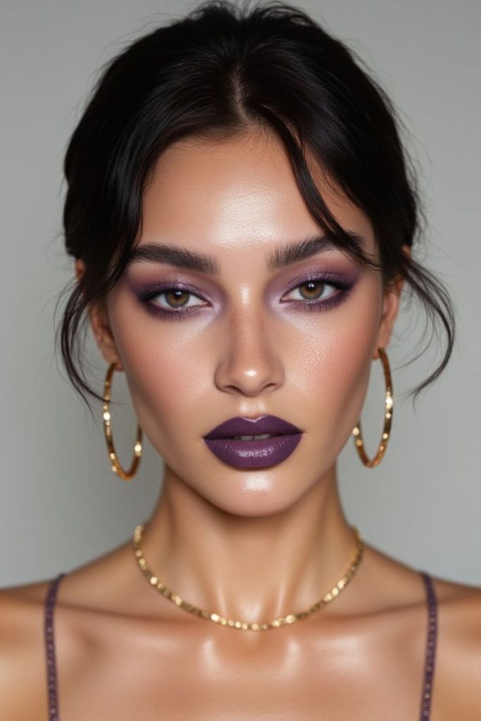 Dark plum siren makeup with glossy lips.