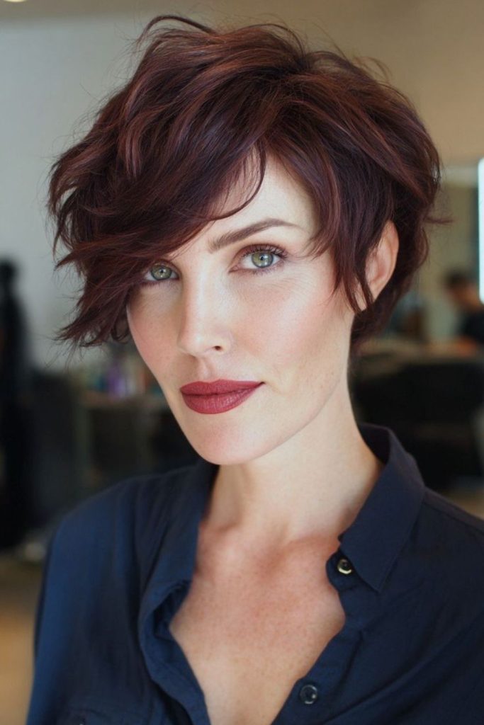 Deep chocolate cherry pixie haircut