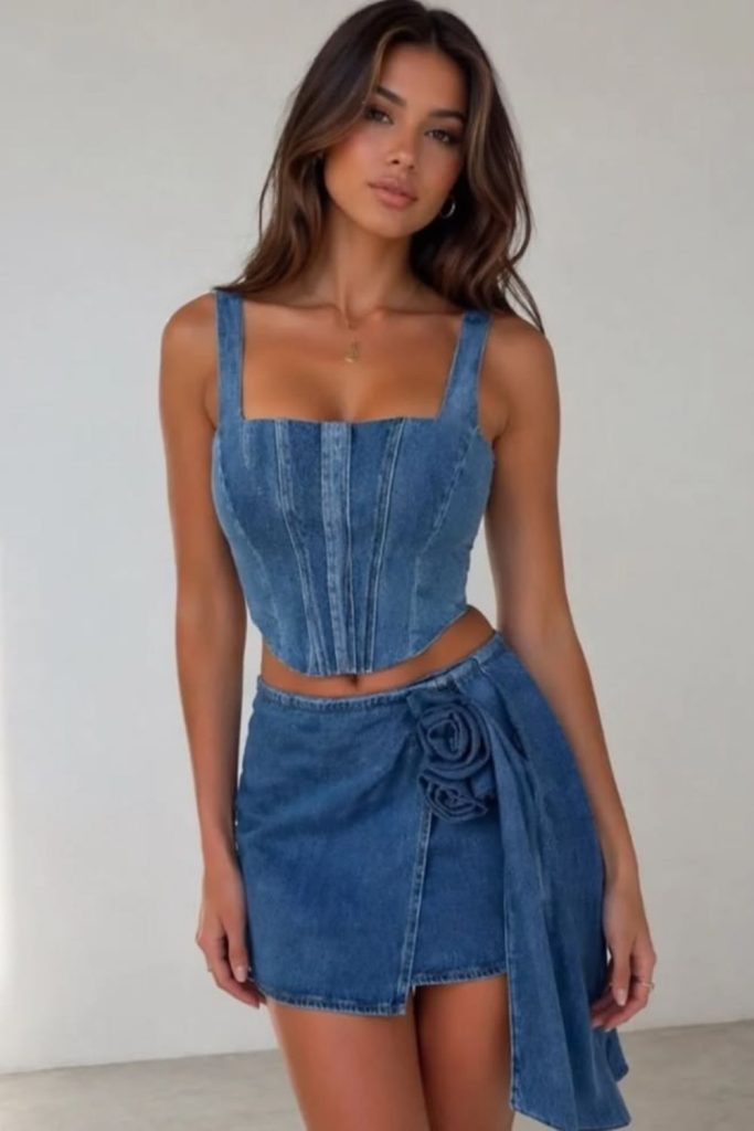 Denim corset with matching mini skirt.