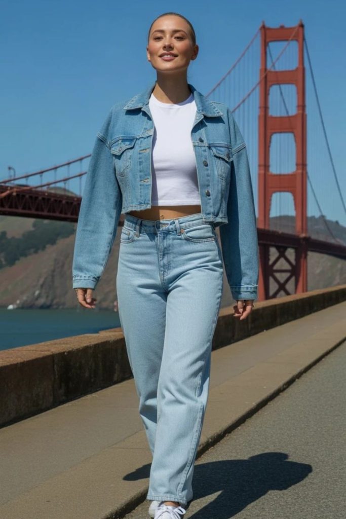 Denim jacket with blue jeans.